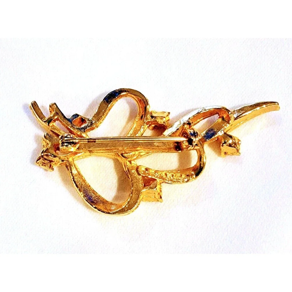 VTG Christmas Gerry's Gold Tone Ribbon Brooch Pin Jeweled Rhinestones 2